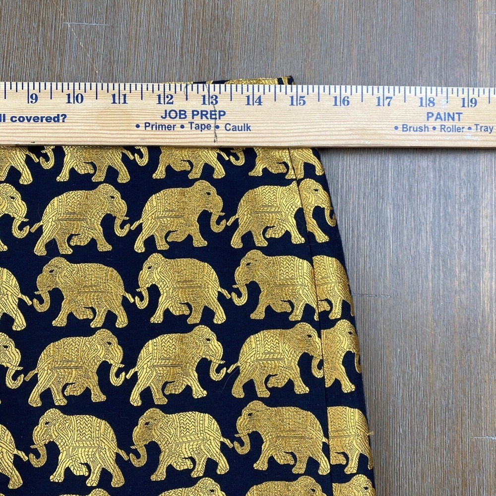 J. Crew Women's SZ 2 Mini Brocade Skirt Black‎ with Gold Elephants Jaquard Lined - Picture 6 of 9